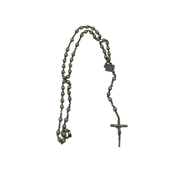 Vintage Rosary Faux Pearl Silver Tone Five Decade Made‎ in Italy - Picture 4 of 10